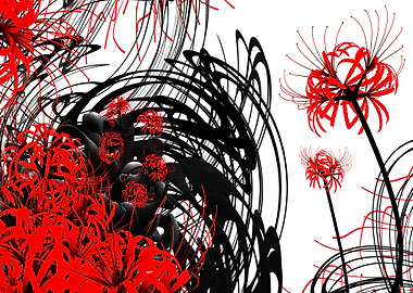 Abstract Red Spider Lilies with Black Lines