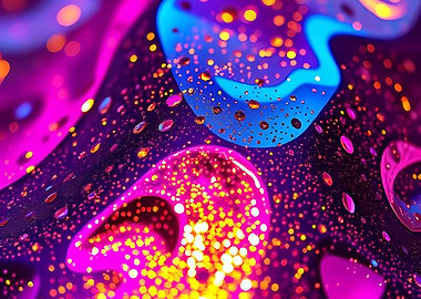 Luminous Neon Droplets Over Liquid Gradients with Sparkling Bokeh Glow