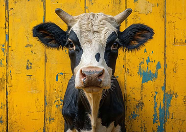 Cow Portrait on Yellow Wooden Background