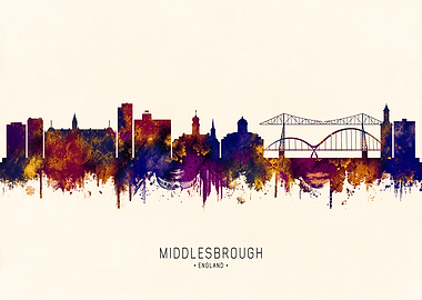 Middlesbrough England Skyline Watercolor Silhouette