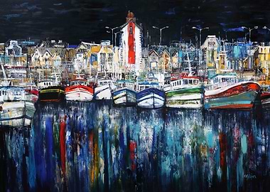 Harbor Painting with Boats and Reflections