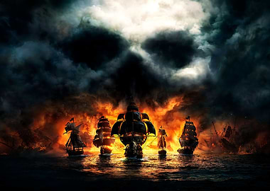 Pirate Ships Amidst Fire and Skull Clouds
