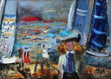 Impressionistic Seascape with Figures and Sailboats