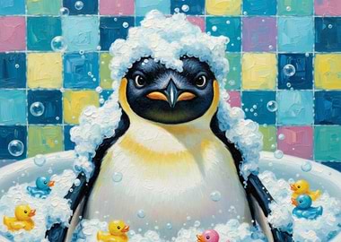 Penguin in Tub with Rubber Ducks