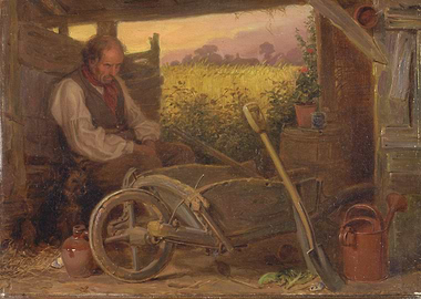 Rural Scene with Farmer and Tools