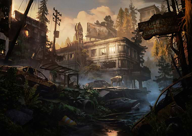 Post-Apocalyptic Cityscape with Deer