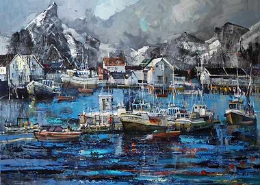 Coastal Village Painting with Boats and Mountains