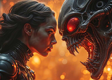 Woman Facing Alien Creature