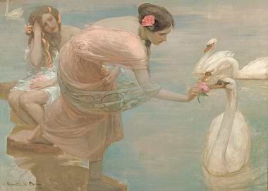 Two women and swans painting