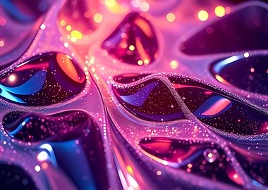 Neon Cellular Fluid with Glossy Pockets and Sparkling Particles