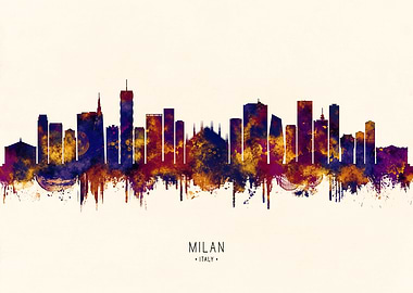 Milan Italy Skyline Watercolor Silhouette