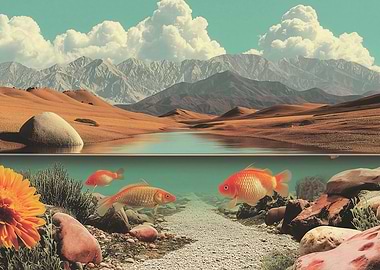 Surreal Landscape with Goldfish Underwater