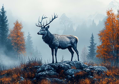 Majestic Deer in Misty Autumn Landscape