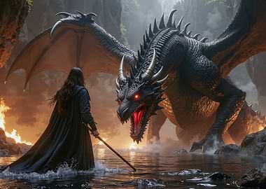 Dragon and Mage in Fantasy Landscape