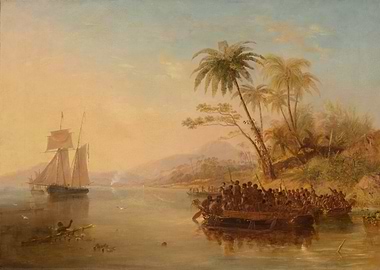 Tropical Coastal Scene with Boats and Ship