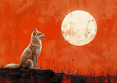 Fox and Moon Orange Painting