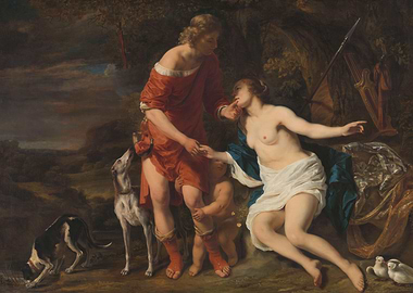 Classical Painting: Man, Woman, Child, Dogs