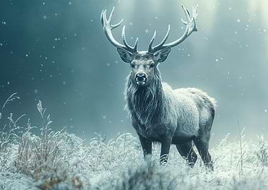 Majestic Deer in Winter Snowfall