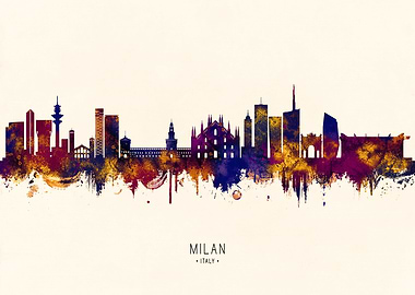 Milan Italy Skyline Watercolor Silhouette