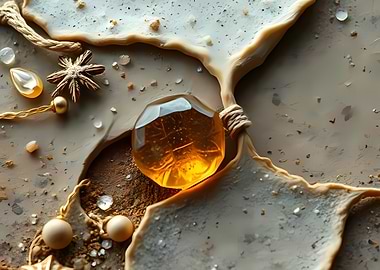 Amber Gem Nestled in Knotted Clay with Golden Accents, Droplets, and Earthy Macro Textures