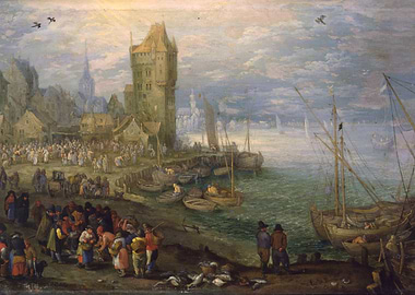 Coastal Town Market Scene Painting