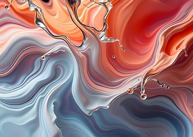 Molten Chrome Splashes Over Coral-and-Slate Liquid Marble with Flowing Gradients and Glossy Swirls