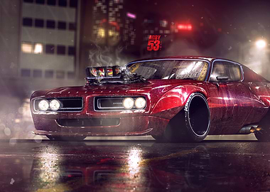 Maroon Muscle Car in Cityscape