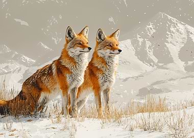 Two Foxes in a Snowy Landscape