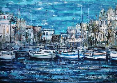 Harbor Scene Painting with Boats