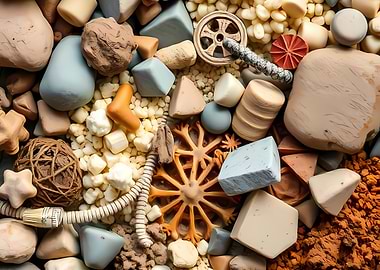 Curated Mosaic of Clay, Stone, and Found Objects in Earthy Tones with Tactile Geometry and Natural Contrast