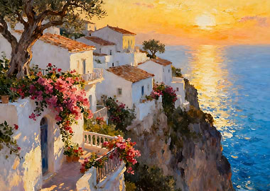 Coastal Village at Sunset Painting