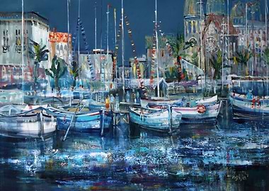 Harbor Scene Painting with Boats
