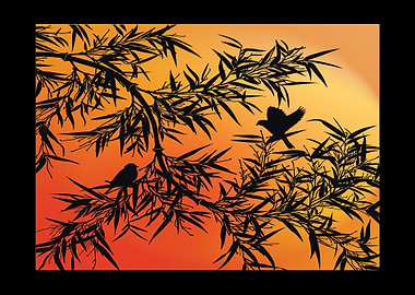 Birds and Bamboo Silhouette at Sunset
