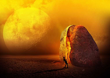 Man Pushing Rock with Moon Background