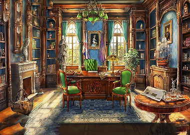 Elegant Study Room with Desk and Bookshelves