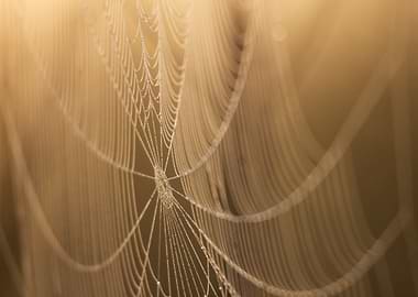 Dew-covered Spiderweb in Golden Light
