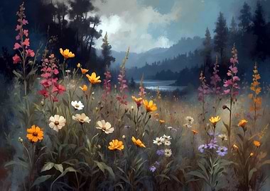 Floral Meadow Landscape Painting