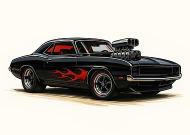 Black Muscle Car with Flames