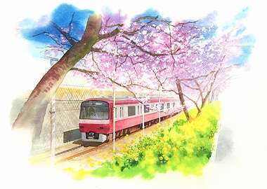 Cherry Blossoms and Train Watercolor Painting