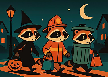 Trick-or-Treating Halloween Raccoons