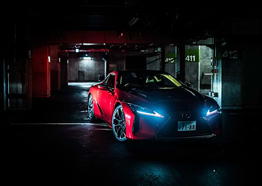 Red Lexus LC in Dark Parking Garage