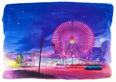 Nighttime Amusement Park with Ferris Wheel