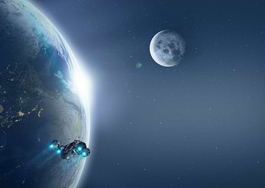spaceship near earth and moon