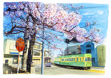 Japanese Street Scene with Cherry Blossoms