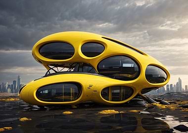 Futuristic Yellow Building with Cityscape