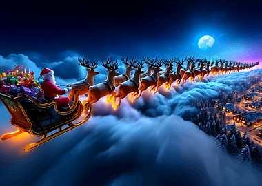 Santa's Sleigh Flying Through the Night Sky