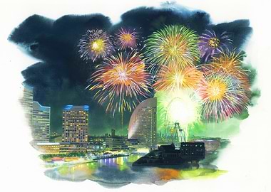 City Fireworks Watercolor Painting