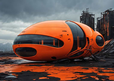 Futuristic Orange Vehicle in Industrial Landscape