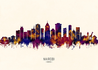 Nairobi Kenya Skyline Watercolor Silhouette