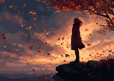 Autumnal Solitude: Woman in Falling Leaves